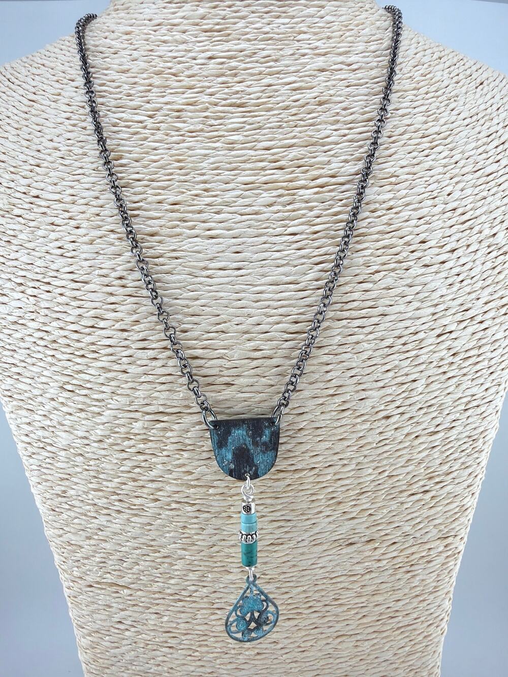 Handcrafted Artisan Made Half-Circle Turquoise and Oxidized Teardrop Necklace